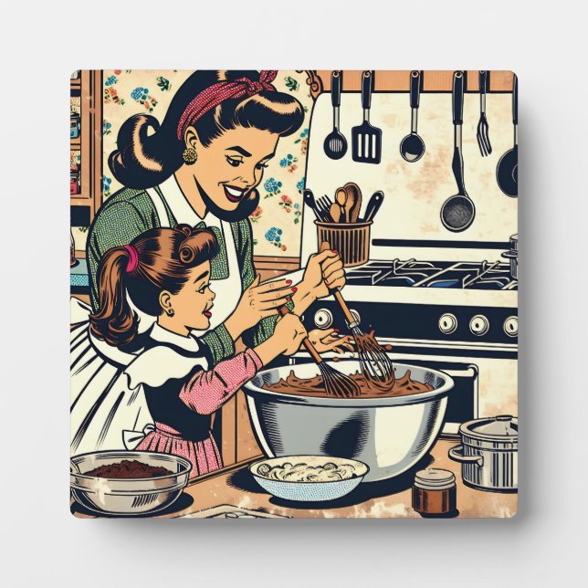 Plaque Photo Cute Retro Maman et Fille Cuisiner ensemble (Devant)
