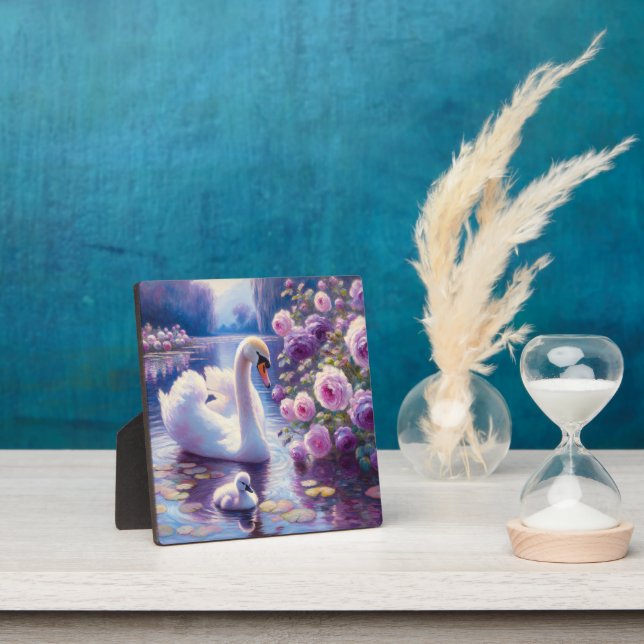 Plaque Photo Cygnet blanc avec Roses violets (Insitu)