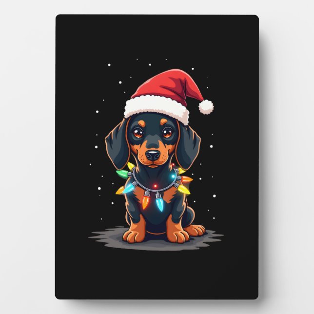 Plaque Photo Dachshund Christmas Lights Santa Hat Xmas Dog Love (Devant)