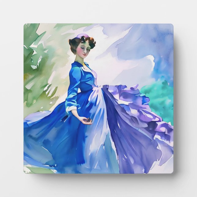 Plaque Photo Dame en Robe Bleue - Peinture aquarelle (Devant)