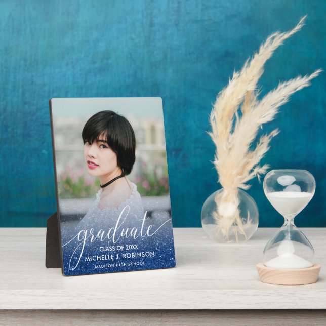 Plaque Photo Dark Blue Glitter Ombre Girly Photo Graduation (Côté)