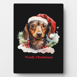 Plaque Photo Daschund Chien Noël Chapeau De Père Noël Xmas Lumi