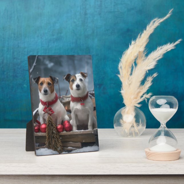 Plaque Photo Décor de Noël Chariot enneigé Jack Russell  (Côté)