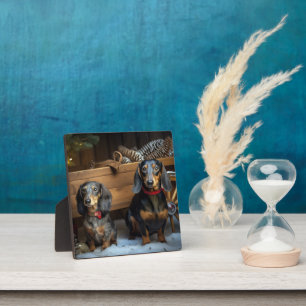 Plaque Photo Décor de Noël Dachshund Snowy Sleigh