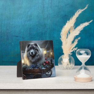 Plaque Photo Décor de Noël Keeshond Snowy Sleigh