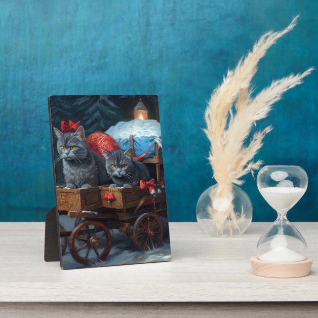 Plaque Photo Décor de Noël Oriental Blue Cat Snowy Sleigh (Côté)