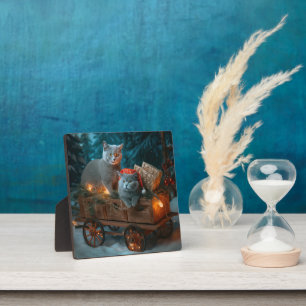 Plaque Photo Décor de Noël russe Blue Cat Snowy Sleigh