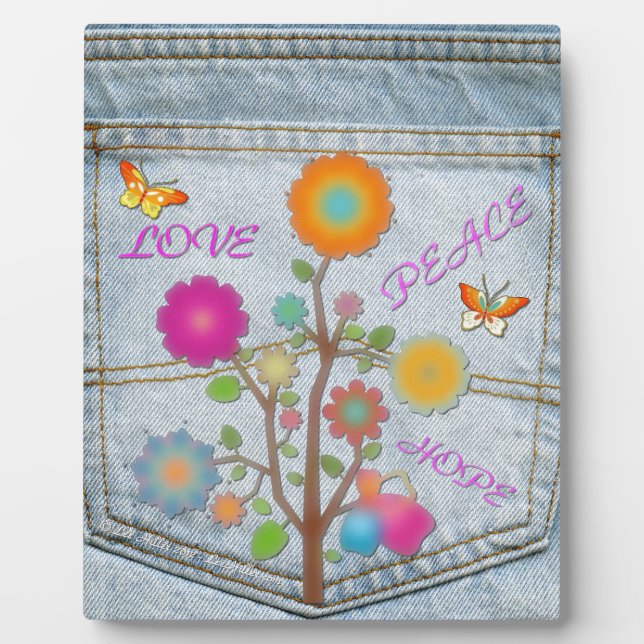 Plaque Photo Denim Back Fleurs de poche Paix Aimer Espoir (Devant)