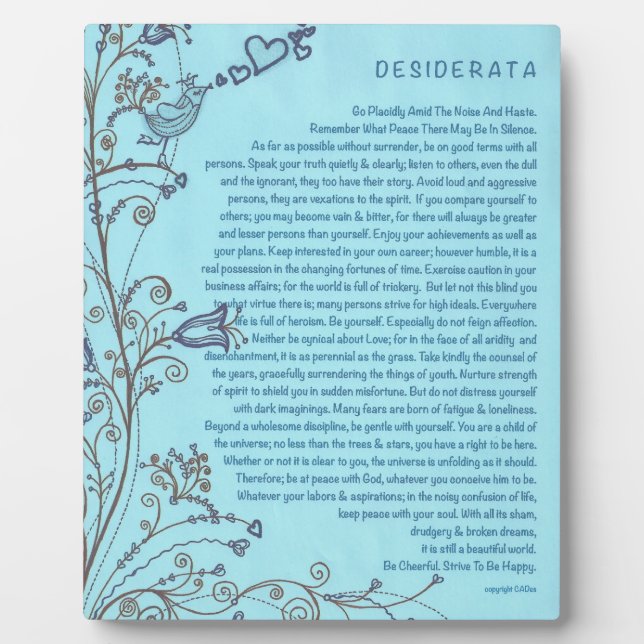 Plaque Photo Desiderata Poem with the Bluebird of Happiness (Devant)