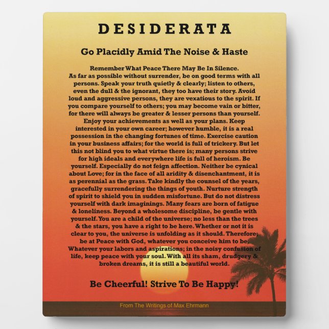 Plaque Photo Desiderata Tropical Sunset (Devant)