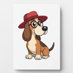 Plaque Photo Dessin animé vintage Basset Hound au chapeau rouge