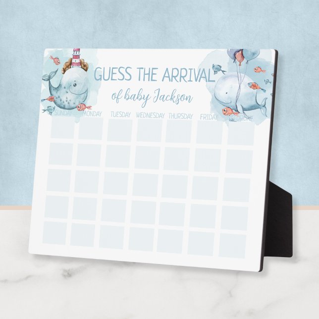 Plaque Photo Devis Arrivée Jeu Date d'échéance Whale Boy Baby s (Guess Arrival Game Due Date Whale Boy Baby Shower Plaque
)
