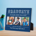 Plaque Photo Diplômé moderne Marine bleu 3 Photo Graduation<br><div class="desc">Plaque de graduation photo classique 3 avec chevalet - caractéristiques Graduate en caractères serif gras avec texte personnalisé moderne qui peut être entièrement customisé avec le nom complet du diplômé, l'année de classe et le nom de l'école. Ajoutez trois images préférées du diplômé aux images de l'espace réservé carré. La...</div>