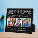 Plaque Photo Diplômé moderne Noir 3 Photo Graduation<br><div class="desc">Plaque de graduation photo classique 3 avec chevalet - caractéristiques Graduate en caractères serif gras avec texte personnalisé moderne qui peut être entièrement customisé avec le nom complet du diplômé, l'année de classe et le nom de l'école. Ajoutez trois images préférées du diplômé aux images de l'espace réservé carré. La...</div>