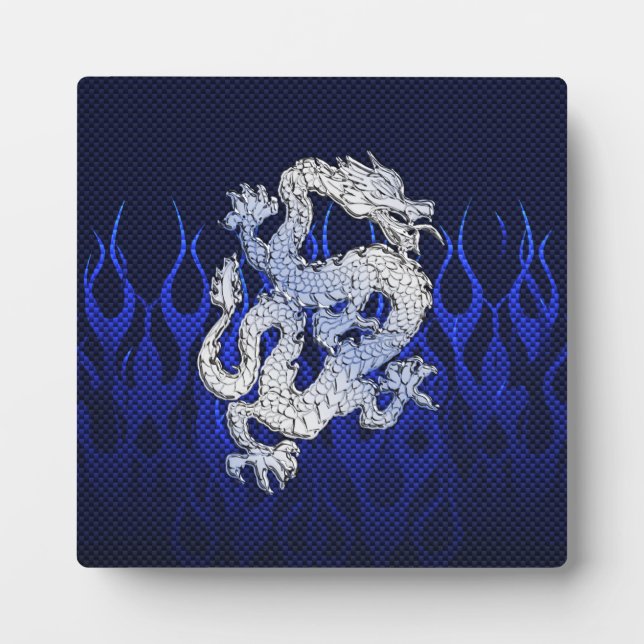 Plaque Photo Dragon Bleu dans Chrome Carbon course flammes (Devant)