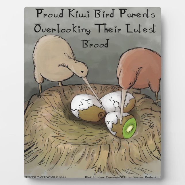Plaque Photo Drôles d'oiseaux kiwis prenant soin de leurs fruit (Devant)