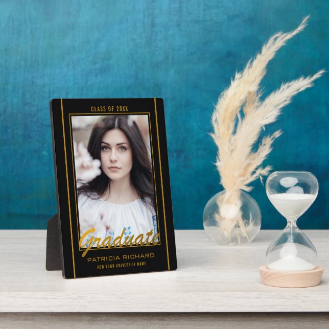 Plaque Photo Élégant Black and Gold Graduation Photo Keepsaké (Côté)