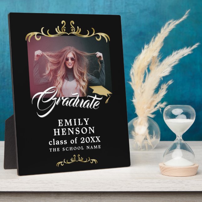 Plaque Photo Élégant Black Gold Ornaments Grad Grad Graduation  (Côté)