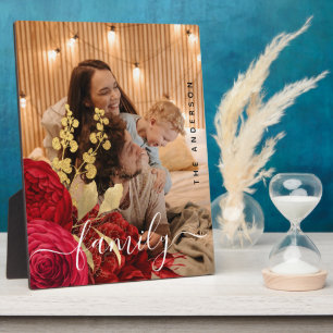 Plaque Photo Élégant Bourgogne Floral Family Script Photo