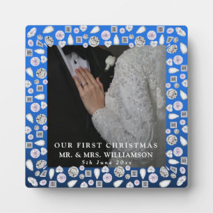 Plaque Photo Élégant Cœur de Diamant Bleu Argent Premier Noël