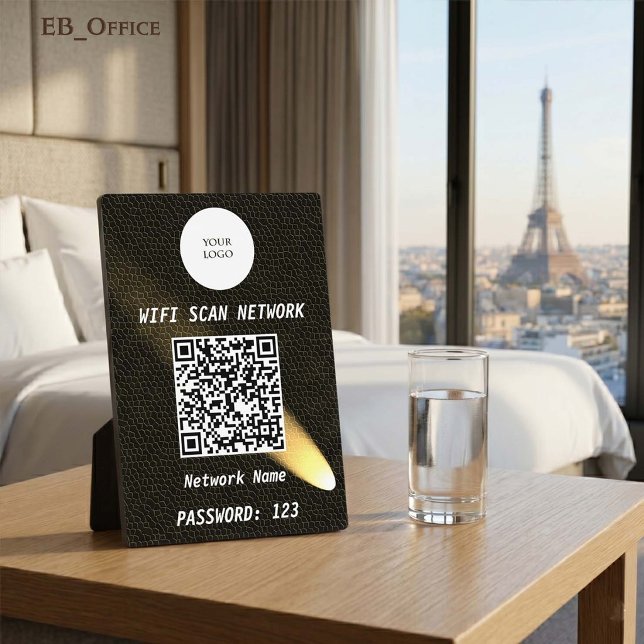 Plaque Photo Élégant Cuir Noir Or Projecteur QR Code Wifi  (Luxury QR Code Wi-fi Tabletop Sign
& Logo
•	Black Leather pattern
•	5” x 7”
)