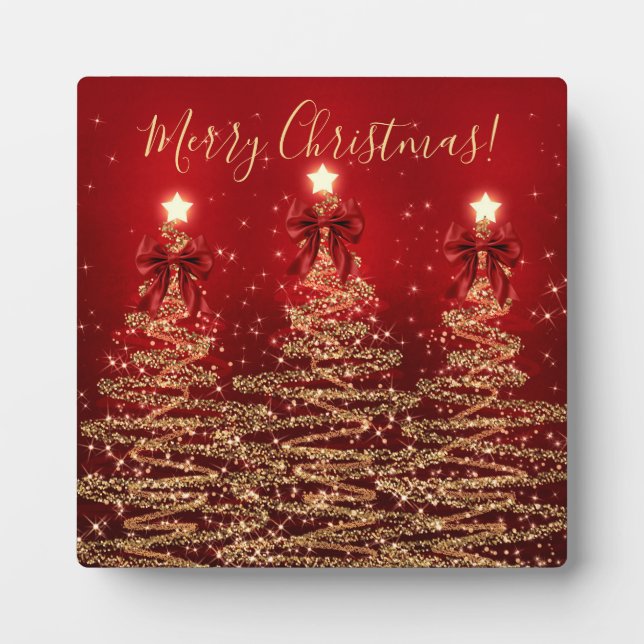 Plaque Photo Elegant Holiday Gold Red Christmas Trees w/ Bows (Devant)
