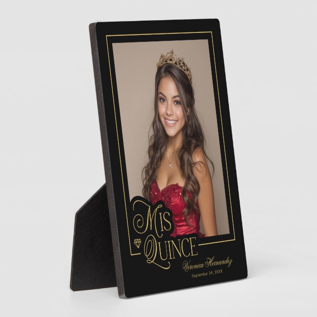Plaque Photo Elégant Mis d'or noir Quince Quinceañera Photo (Côté)