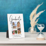 Plaque Photo Élégant Script Multi Photo Graduate<br><div class="desc">Élégant Script Multi Photo Graduate Outdoor Plaques and Signs présente cinq de vos photos préférées de votre diplôme d'études supérieures ou secondaires avec le script tourbillonnant moderne de calligraphie noire superposition "Graduate". Décor de fête de remise de diplômes simple, élégant et classe ou cadeau de remise de diplômes. Créé par...</div>