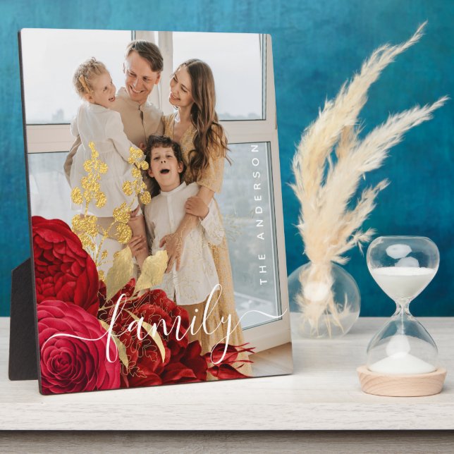 Plaque Photo Élégante Bourgogne Floral Script Family Photo (Côté)