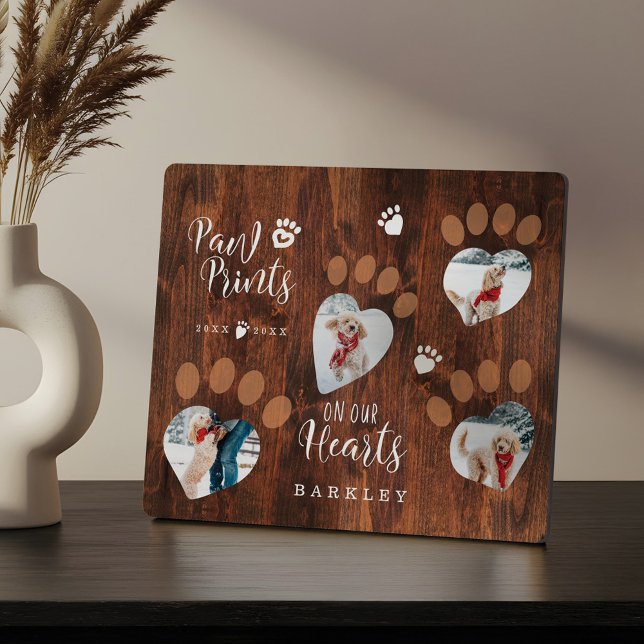Plaque Photo Empreintes de Patte en Bois Rustique sur Notre Cœu (Rustic Wood Paw Prints on Our Hearts Photo Memory Plaque)