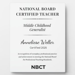 Plaque Photo Enseignant certifié NBCT généraliste pour le milie