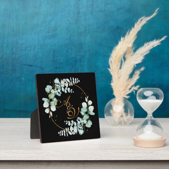 Plaque Photo Eucalyptus et or sur mariage personnalisé noir (Insitu)