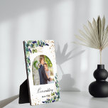 Plaque Photo Eucalyptus verdure or parties scintillant photo ma<br><div class="desc">Un arrière - plan blanc. Décoré avec de la verdure d'eucalyptus avec du feuillage doré et de la poussière. Personnalisez et ajoutez votre photo mariage,  et la date.</div>