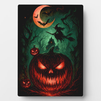 Plaque Photo Evil Pumpkin Under Blood Moon | Witch Flying Hallo