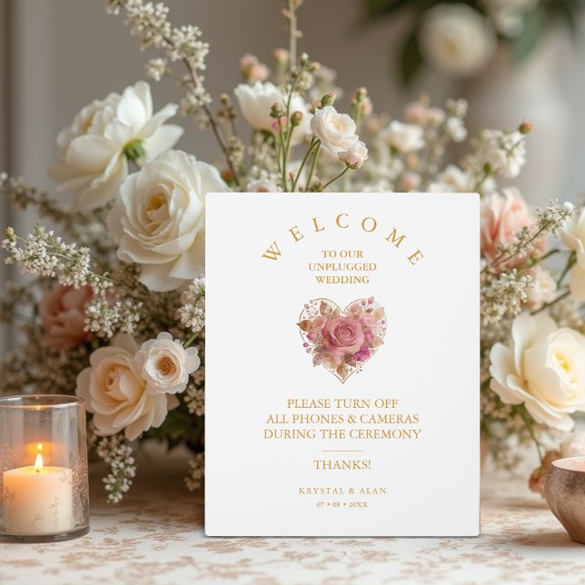 Plaque Photo Exquisite Pink Floral Heart Unplugged Wedding (Exquisite Pink Shades Floral Heart For Unplugged Wedding Ceremony Plaque.)