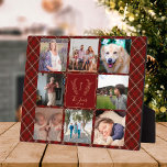 Plaque Photo Famille 8 photo collage monogramme nom rouge plaid<br><div class="desc">monogramme personnalisé et nom avec famille établie année 8 photo grille élégante rouge bordeaux plaid tartan keepsaké cadre photo plaque modèle.         Un cadeau de Noël bien pensé.</div>