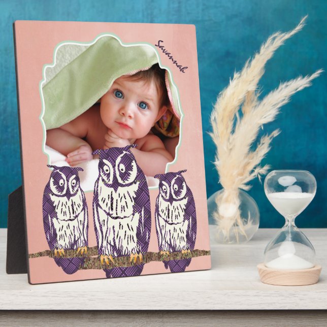 Plaque Photo Famille de hibou géométrique stylisée violet (Côté)