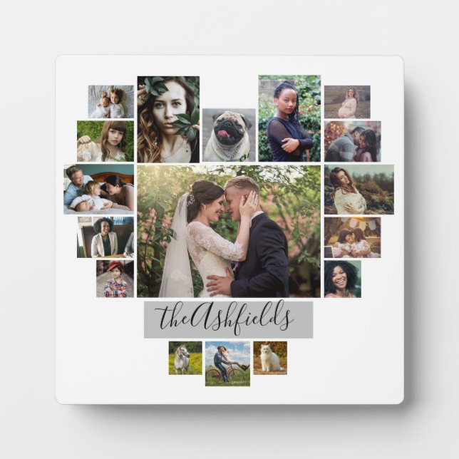 Plaque Photo Famille Photo Collage Coeur 17 Photos Nom Blanc (Devant)