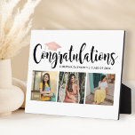 Plaque Photo Félicitations Rose Gold 3 Photo Grad<br><div class="desc">Une belle plaque de fin d'études présentant un titre Félicitations en écriture cursive avec un accent de casquette de graduation rose or, le nom du diplômé, l'année de la promotion, et trois photos de fin d'études sur un fond blanc propre. Un souvenir de table féminin et élégant parfait pour être...</div>
