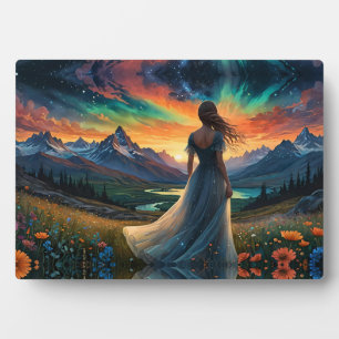 Plaque Photo Femme au champ floral Sunrise au-dessus du lac Mou