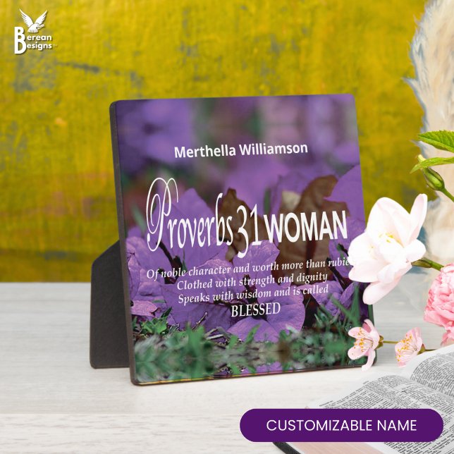 Plaque Photo Femme de PROVERBES 31 personnalisée Inspiration fl (Pretty PROVERBS 31 floral Christian plaque in purple. Ideal personalized Mother's Day gift for Moms)
