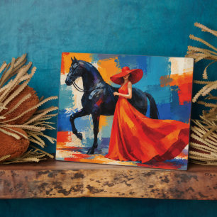 Plaque Photo Femme Élégante en Rouge avec Cheval Noir