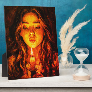 Plaque Photo Femme mystérieuse soufflant une bougie, peinture à