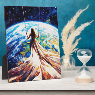 Plaque Photo Femme sur une balançoire au-dessus de la Terre, pe