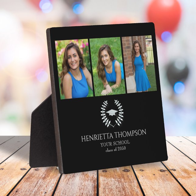 Plaque Photo Fête de graduation noir et blanc photo personnalis (Graduation photo tabletop sign. with a three-photo template. )