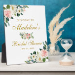 Plaque Photo Fête des mariées Rose Blush Gold Floral Bienvenue<br><div class="desc">Fête des mariées Rose Blush Or Floral Welcome Table Plaque</div>