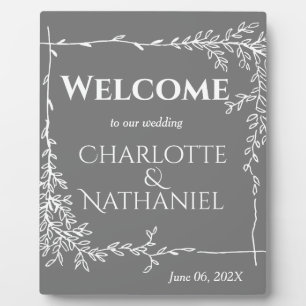 Plaque Photo Feuilles blancs modernes sur Mariage gris Bienvenu