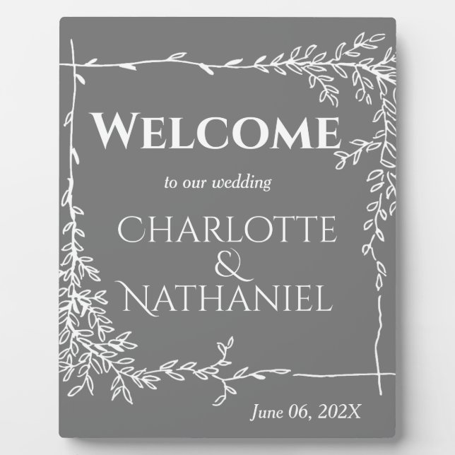 Plaque Photo Feuilles blancs modernes sur Mariage gris Bienvenu (Devant)