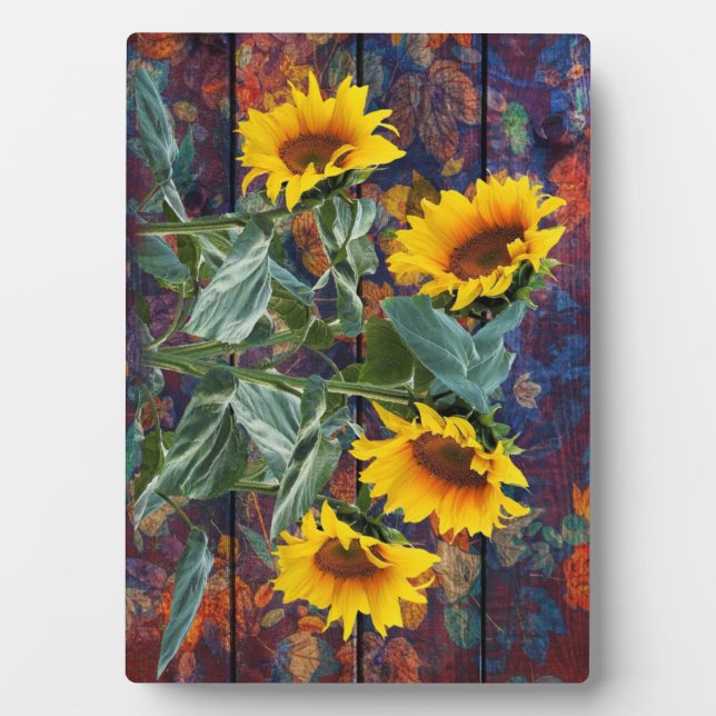 Plaque Photo Feuilles d'automne rustiques et tournesols (Devant)