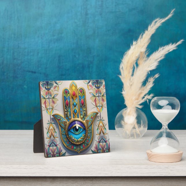 Plaque Photo Filigree couleur or bleu-vert troisième oeil Hamsa (Insitu)